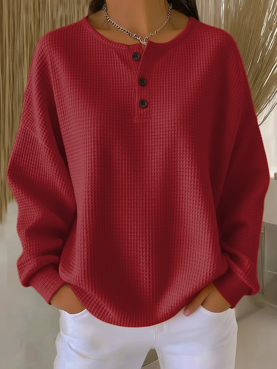 Women's Waffle Knit Sweatshirt UK – Henley Neckline Drop Shoulders | The Maren | Huna