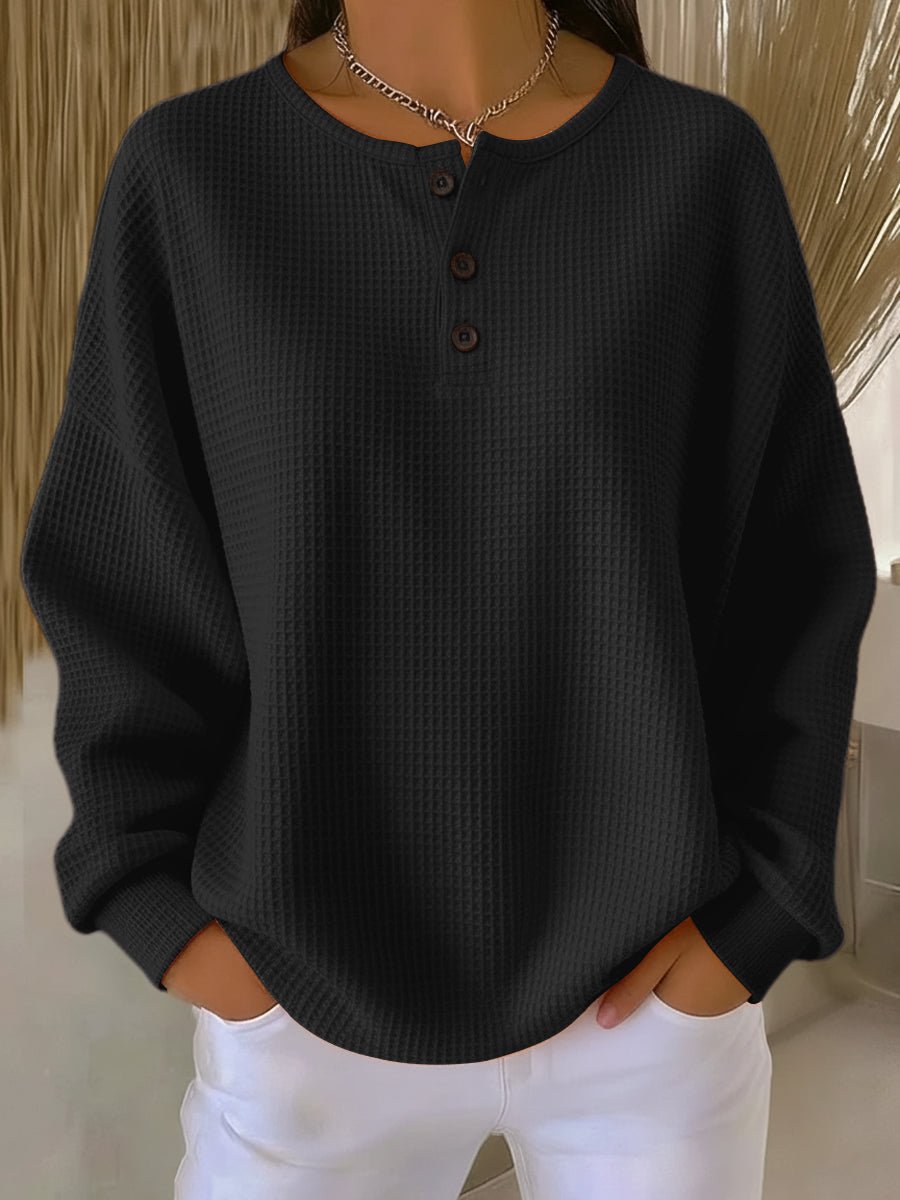 Women's Waffle Knit Sweatshirt UK – Henley Neckline Drop Shoulders | The Maren | Huna