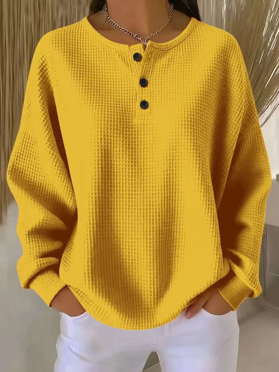 Women's Waffle Knit Sweatshirt UK – Henley Neckline Drop Shoulders | The Maren | Huna