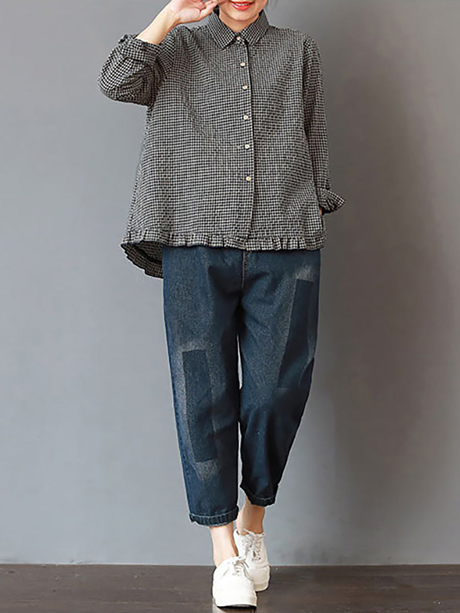 Women's Plus Size Linen Cotton Shirt – striped relaxed top, view 7 | The Rhoswen | Huna