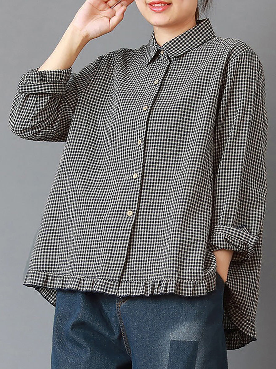 Women's Plus Size Linen Cotton Shirt – striped relaxed top, view 9 | The Rhoswen | Huna