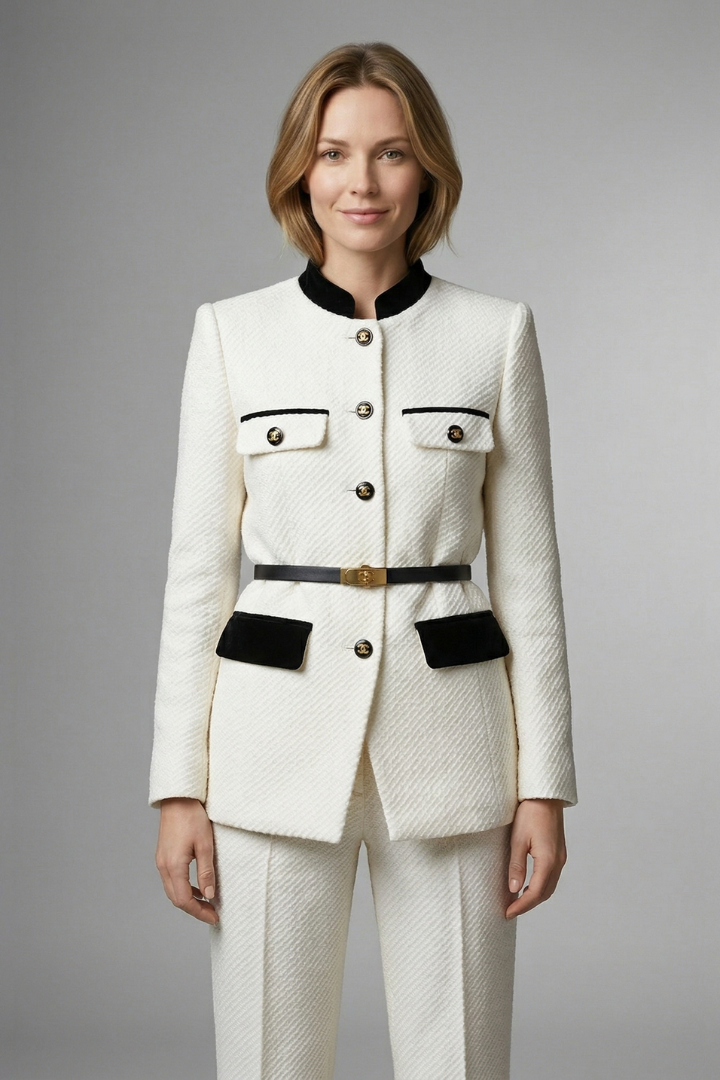Women’s Tailored Blazer with Belted Waist and Stylish Button Closure