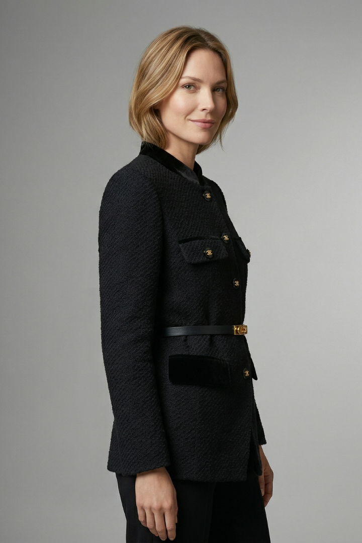 Women’s Tailored Blazer with Belted Waist and Stylish Button Closure