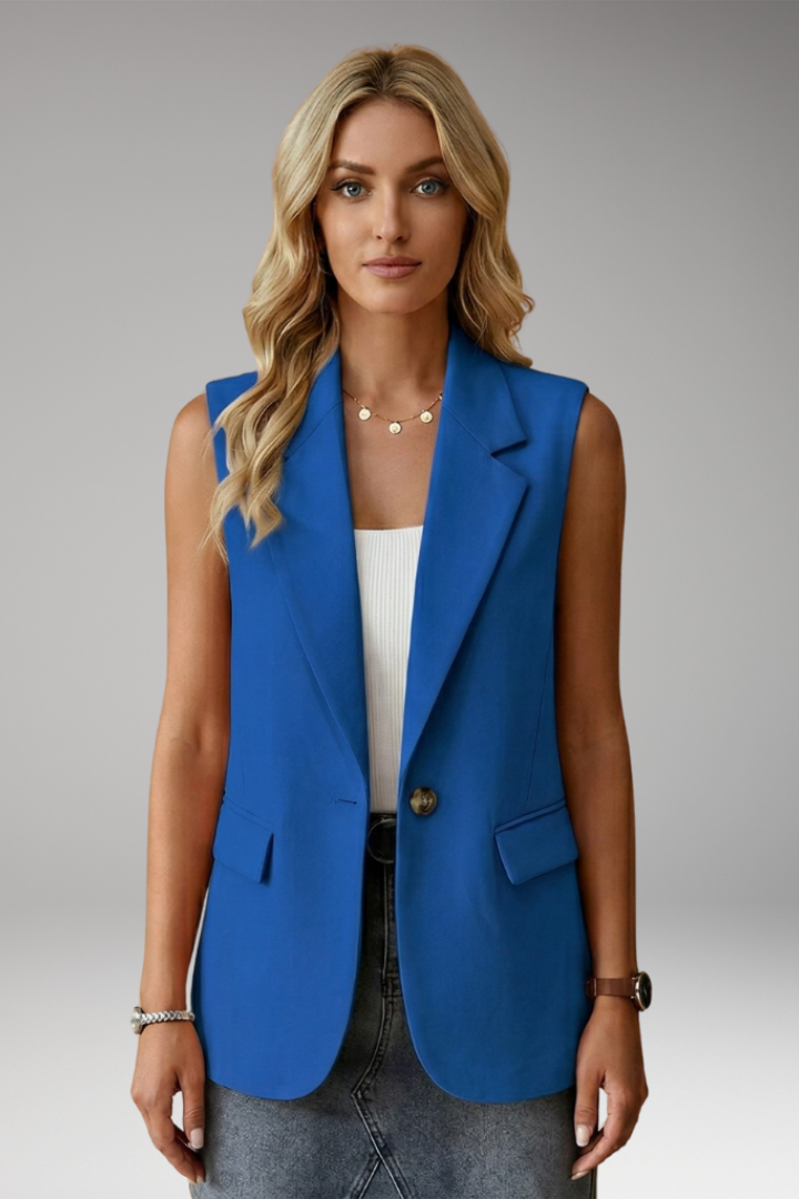 Women's Sleeveless Blazer Vest with Notch Collar and Functional Pockets