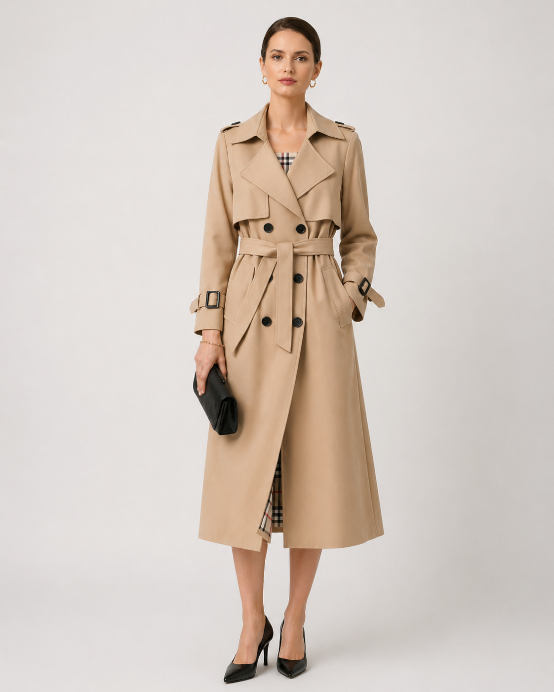 Women's Long Trench Coat UK – belted tailored fit, view 1