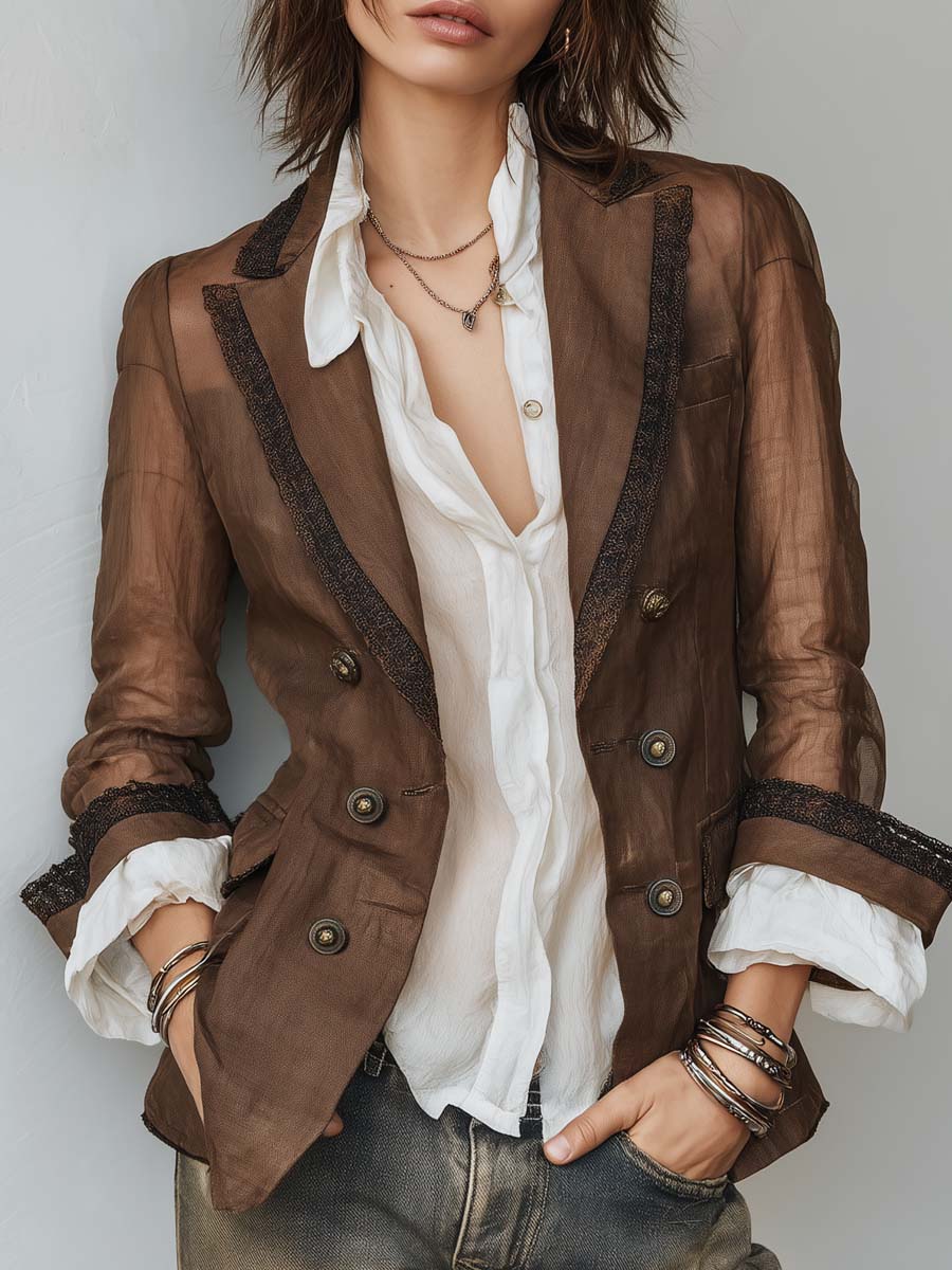 Women's Cotton-Linen Blazer UK – Sheer Lace Trim | The Colette | Huna