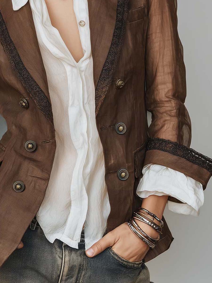 Women's Cotton-Linen Blazer UK – Sheer Lace Trim | The Colette | Huna