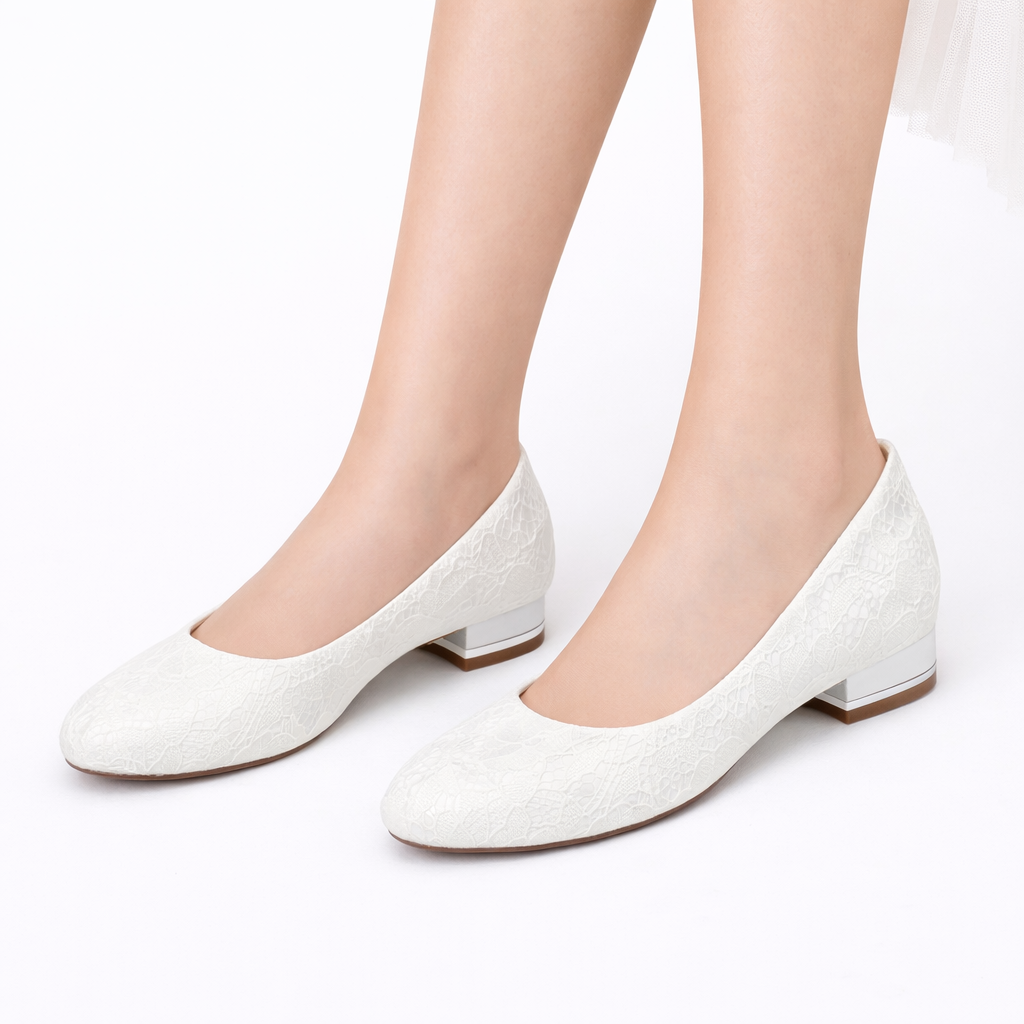 Women’s Bridal Flats White Lace Round Toe Low Heel