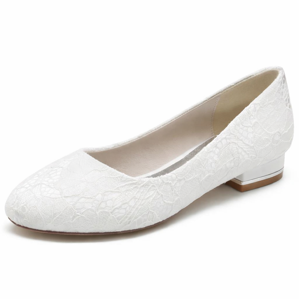 Women’s Bridal Flats White Lace Round Toe Low Heel