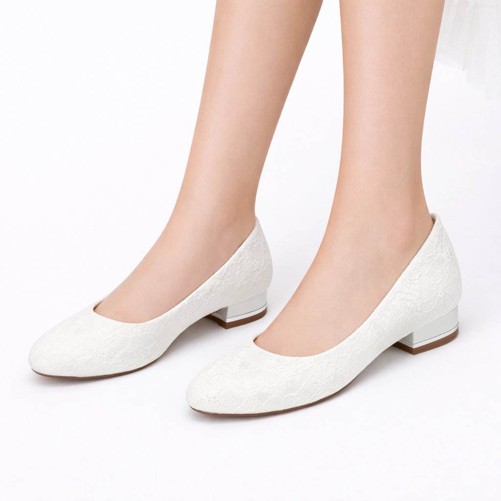 Women’s Bridal Flats White Lace Round Toe Low Heel