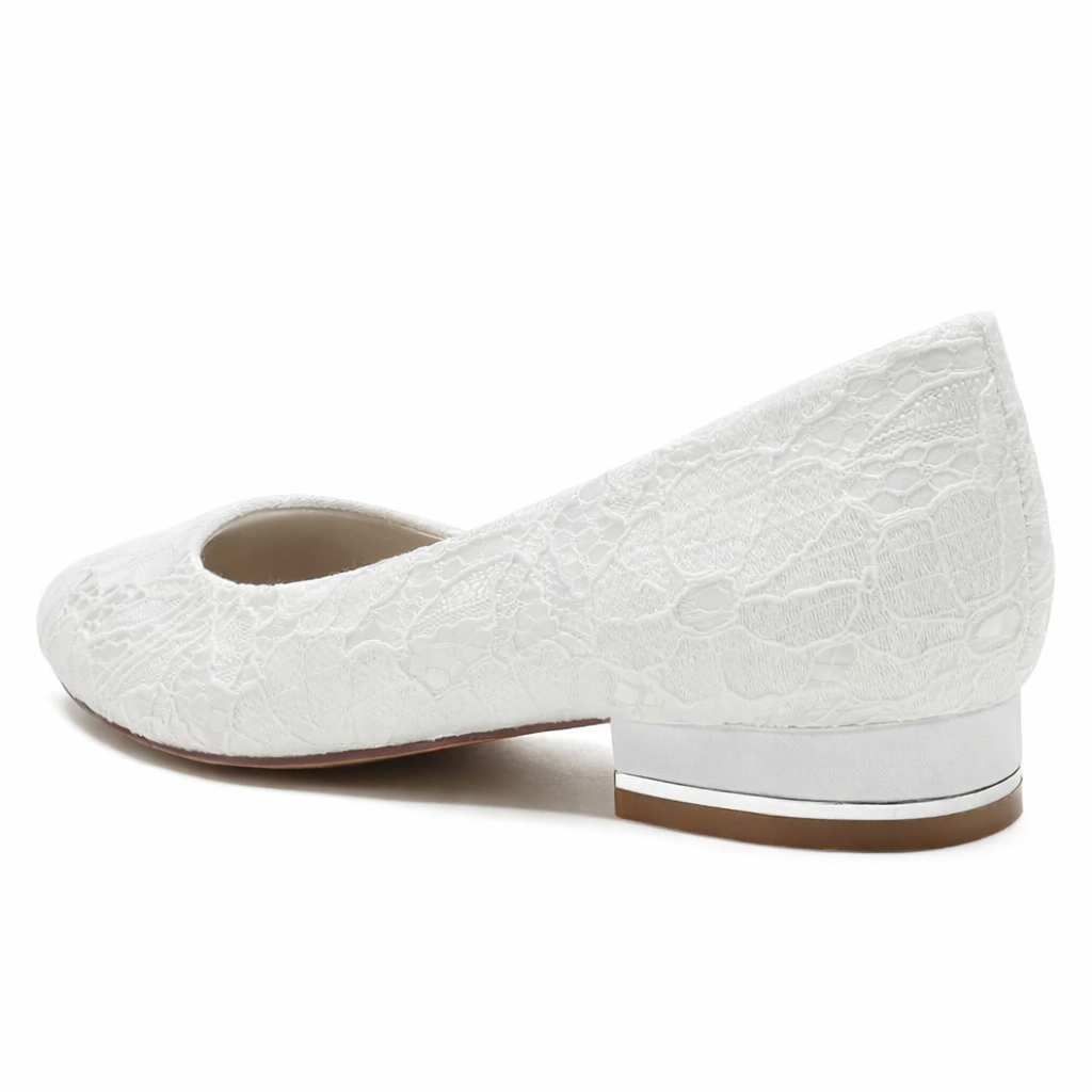 Women’s Bridal Flats White Lace Round Toe Low Heel