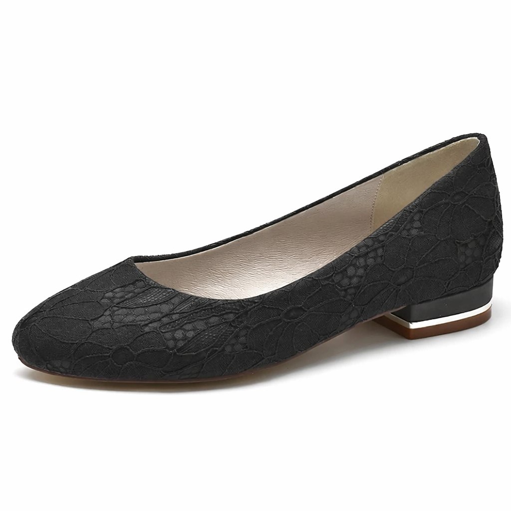 Women’s Bridal Flats White Lace Round Toe Low Heel