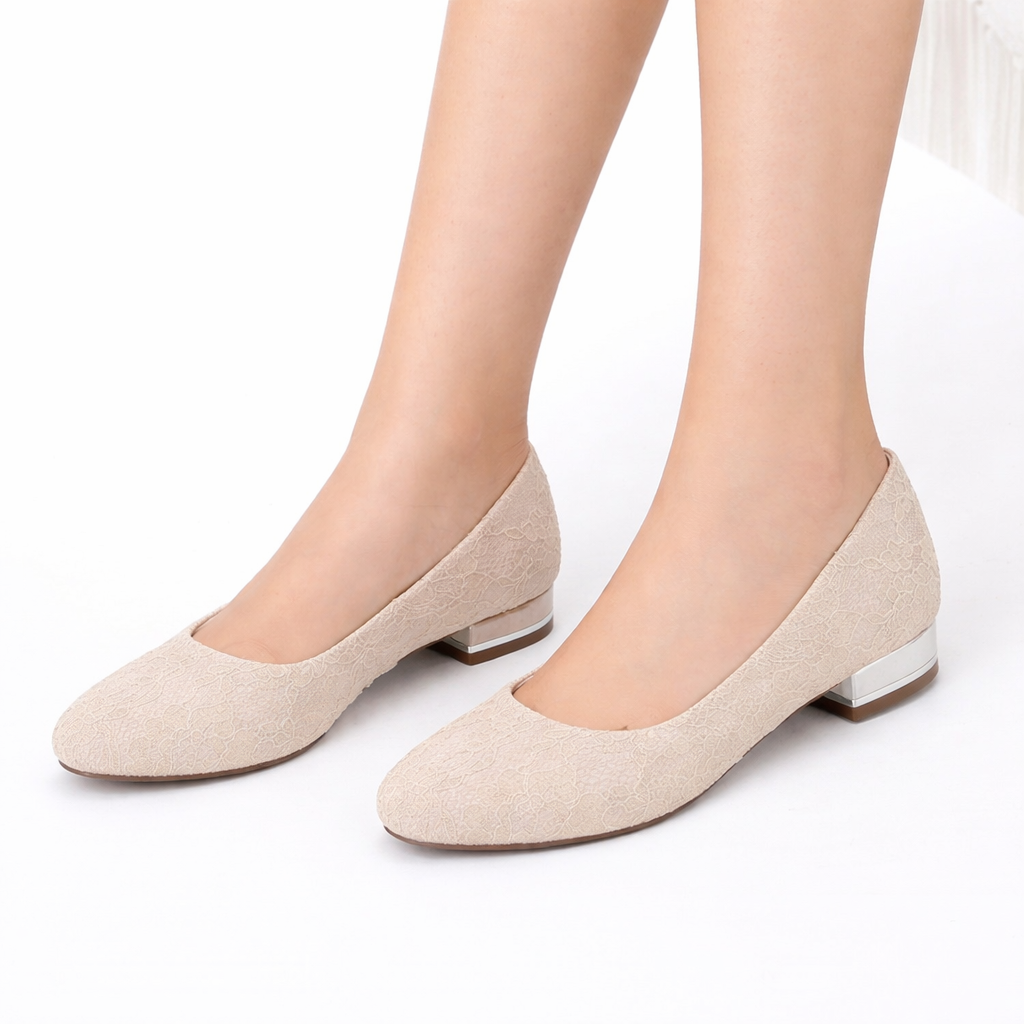 Women’s Bridal Flats White Lace Round Toe Low Heel