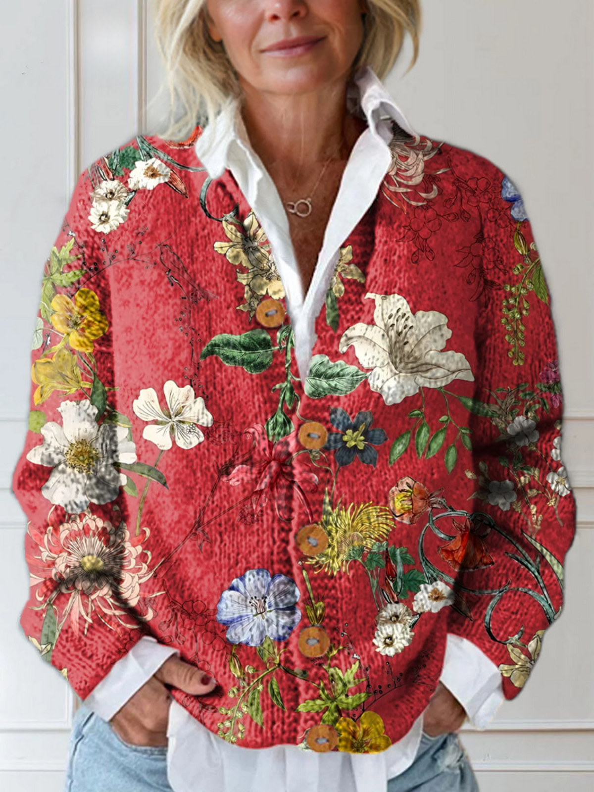 Women's Buttoned Cardigan UK – Vintage Floral Print | The Adaline | Huna