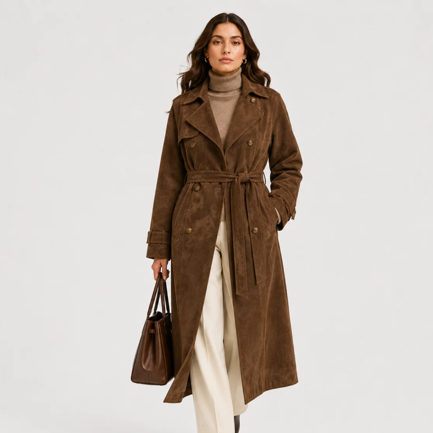 Women's Double Breasted Suede Coat Timeless Belted Outerwear 0
