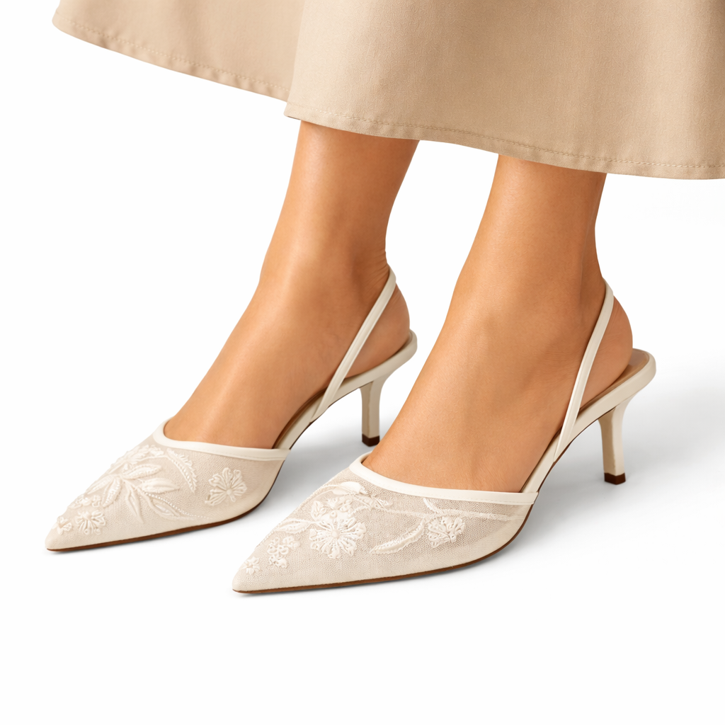 Women's Embroidered Mesh Mule Heels Floral Pointed Toe