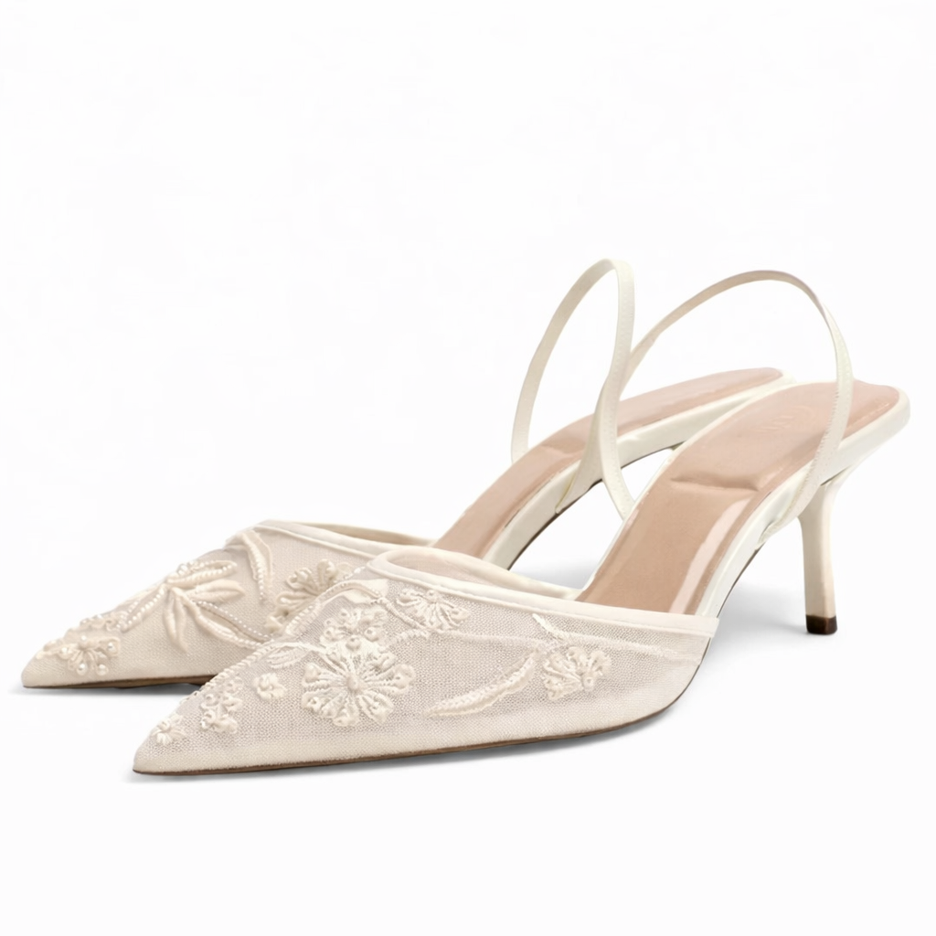 Women's Embroidered Mesh Mule Heels Floral Pointed Toe