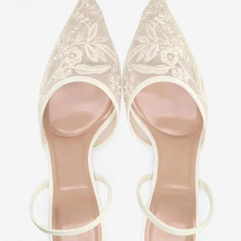 Women's Embroidered Mesh Mule Heels Floral Pointed Toe