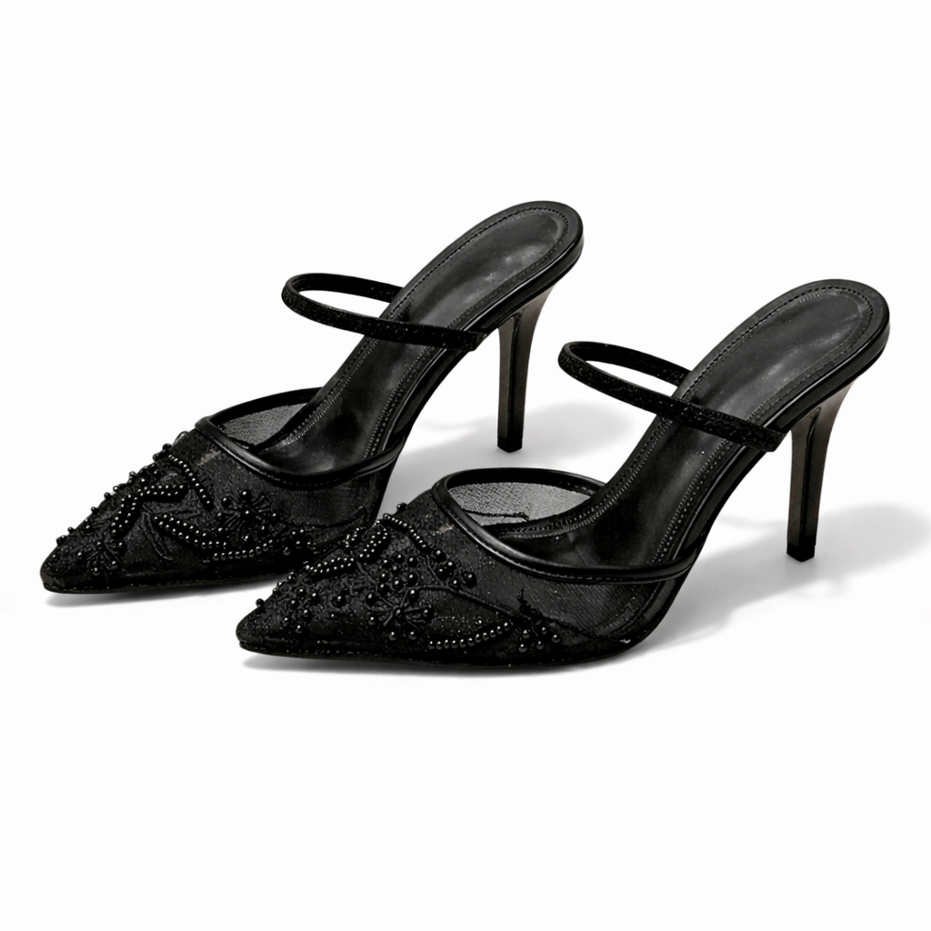 Women's Embroidered Mesh Mule Heels Floral Pointed Toe