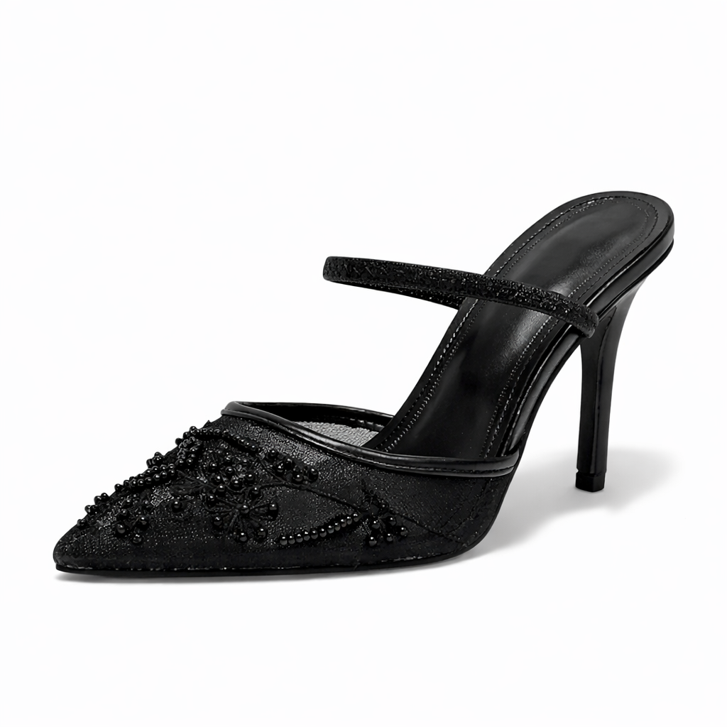 Women's Embroidered Mesh Mule Heels Floral Pointed Toe