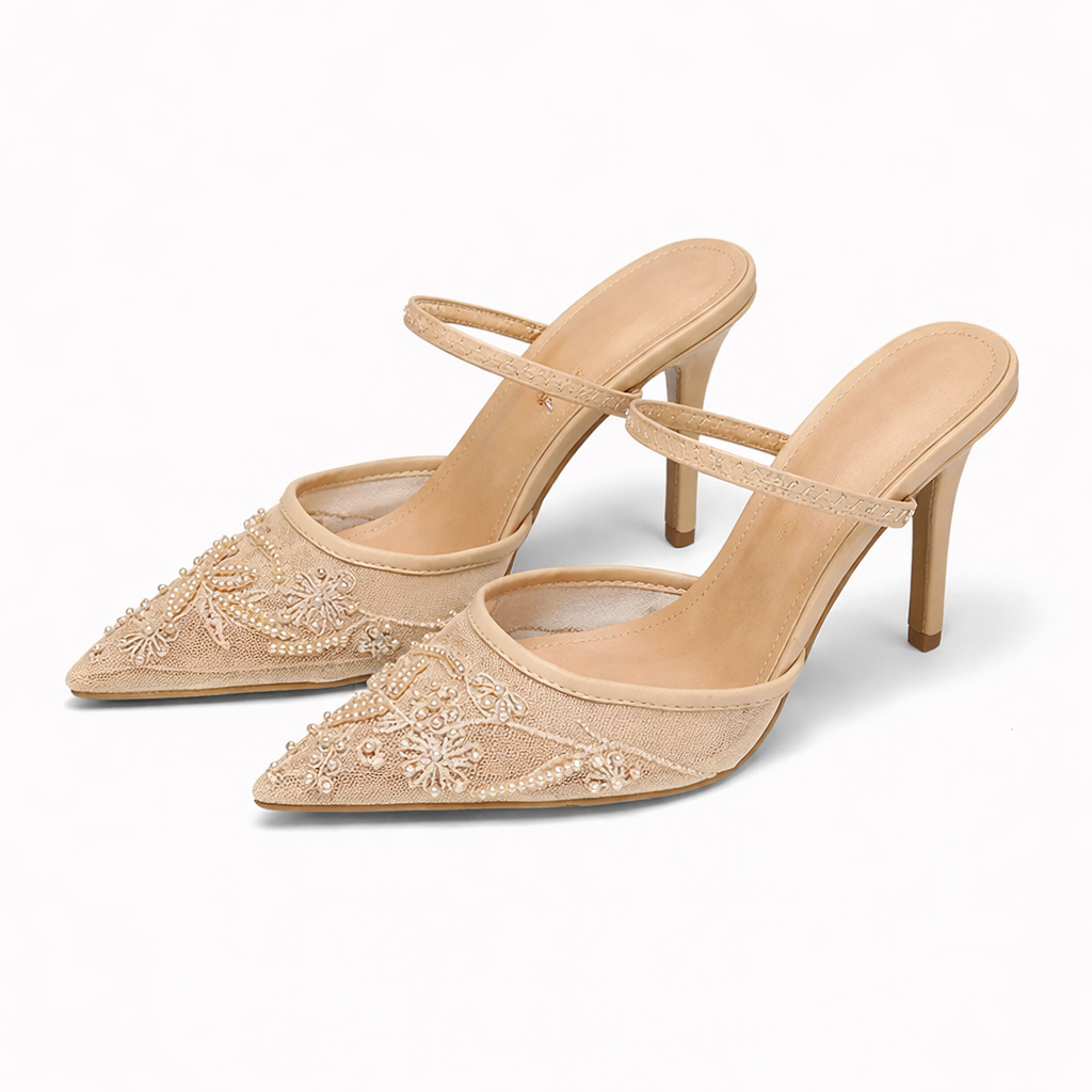 Women's Embroidered Mesh Mule Heels Floral Pointed Toe