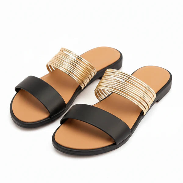 Women's Flat Slide Sandals Metallic Multi-Strap Synthetic