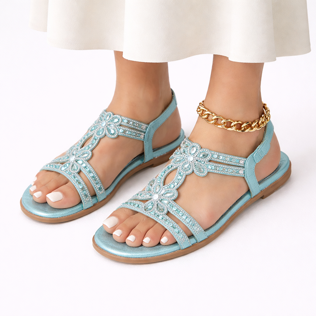 Women's Floral Sandals White Orthopedic with Crystal Accents