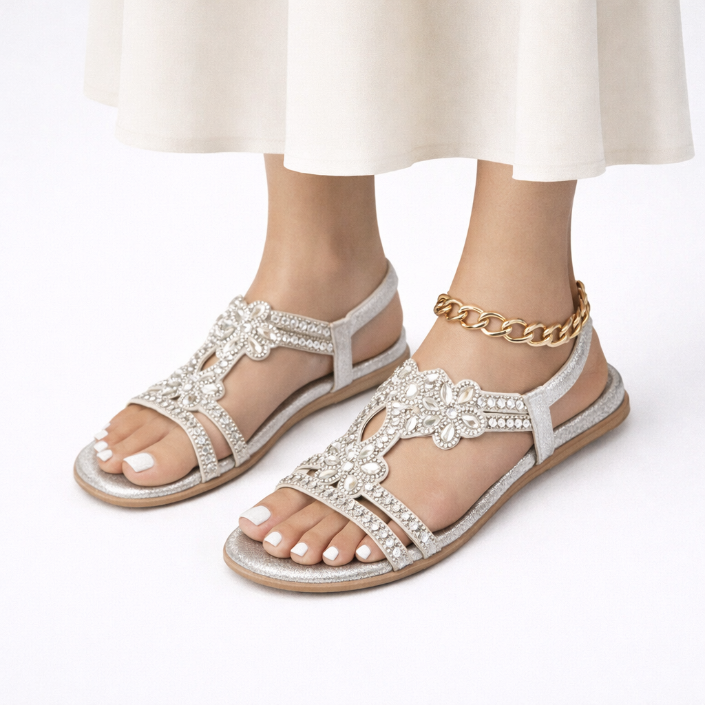 Women's Floral Sandals White Orthopedic with Crystal Accents