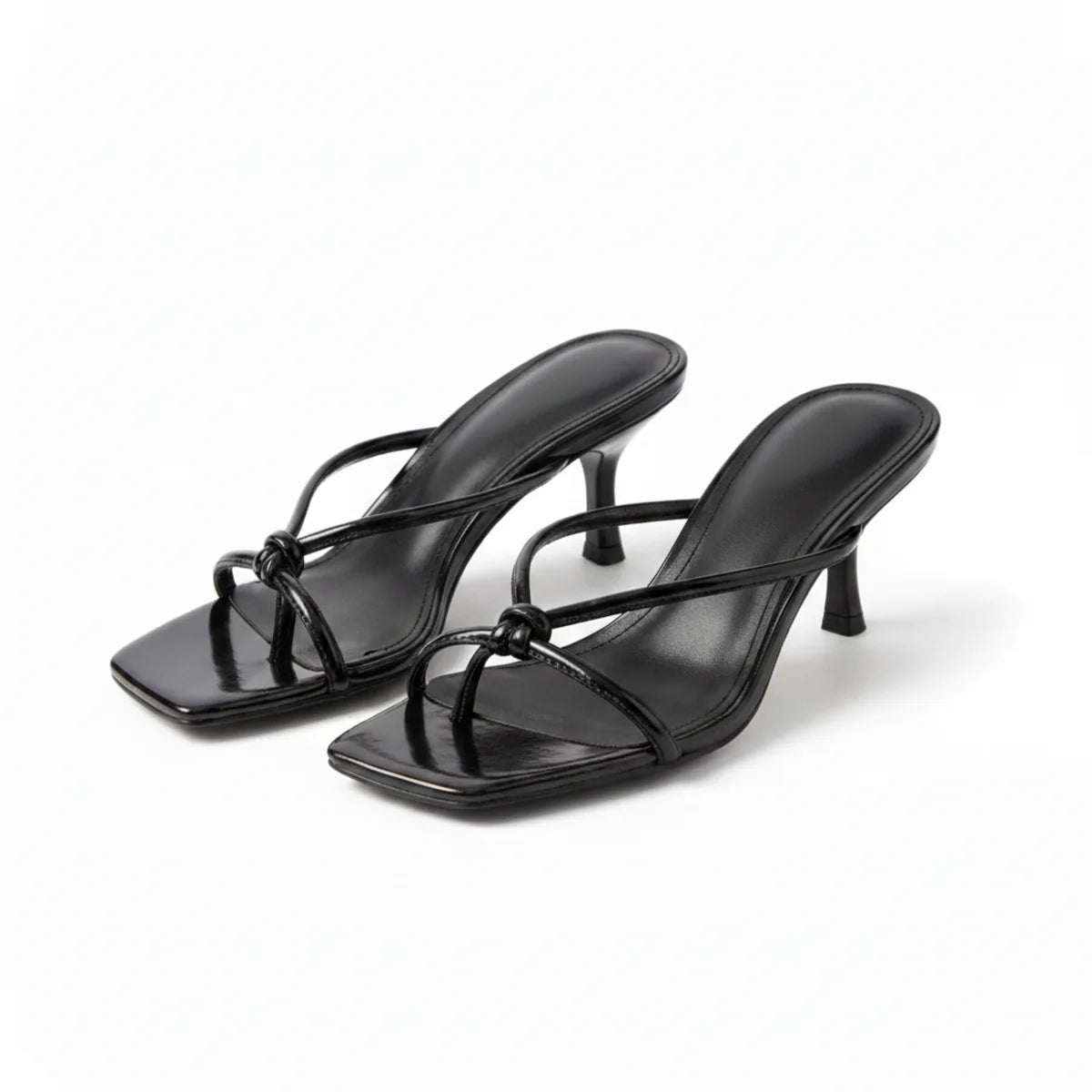 Women's Heeled Sandals Black Leather Orthopedic with Knot Strap