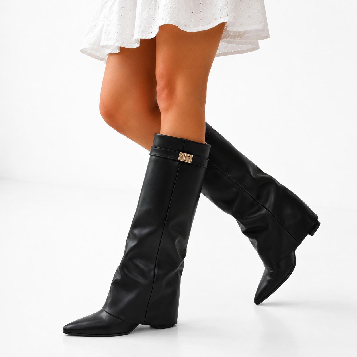 Women's Knee High Boots Black Vegan Leather Pointed Toe