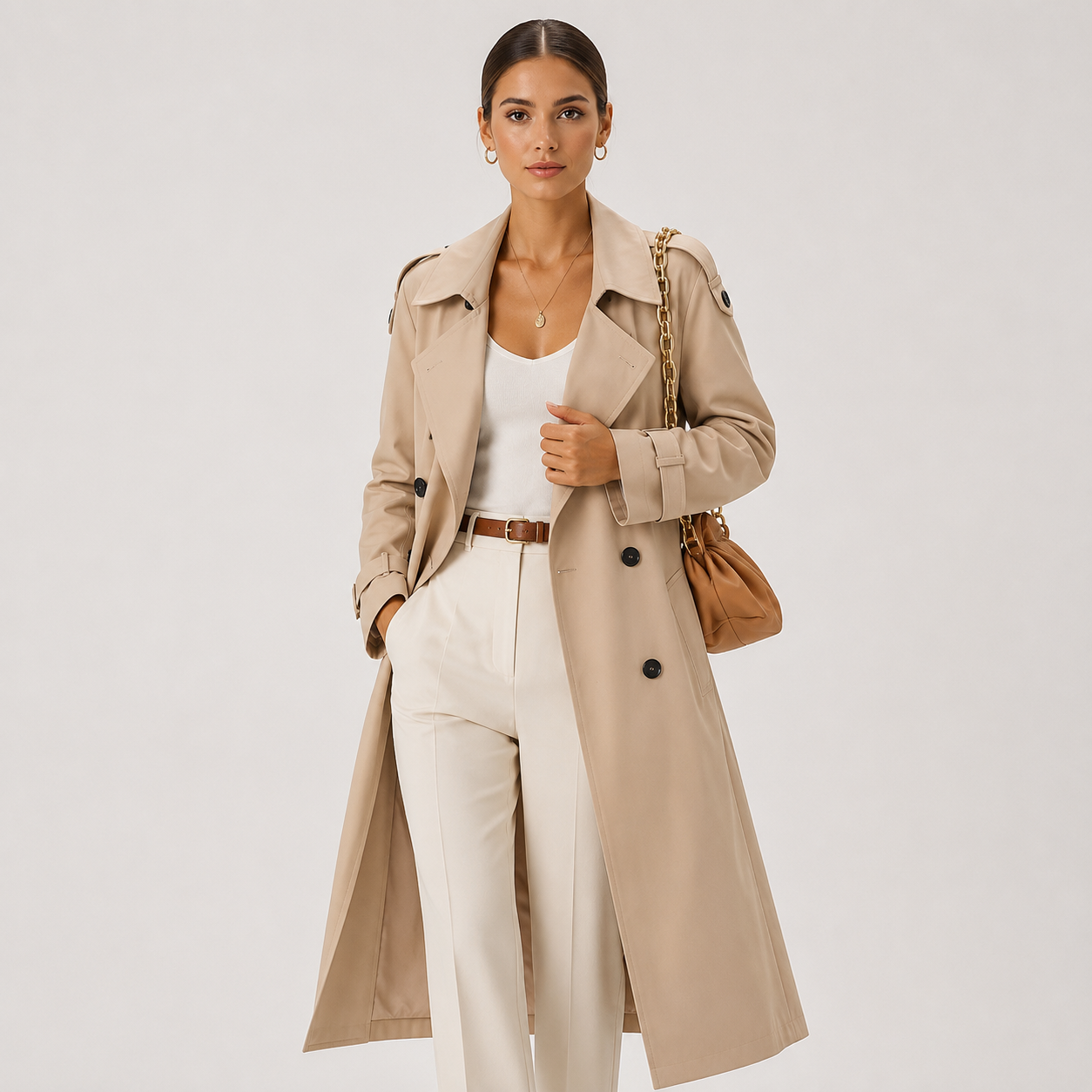 Women's Long Trench Coat Double Breasted Belted Classic Outerwear 4