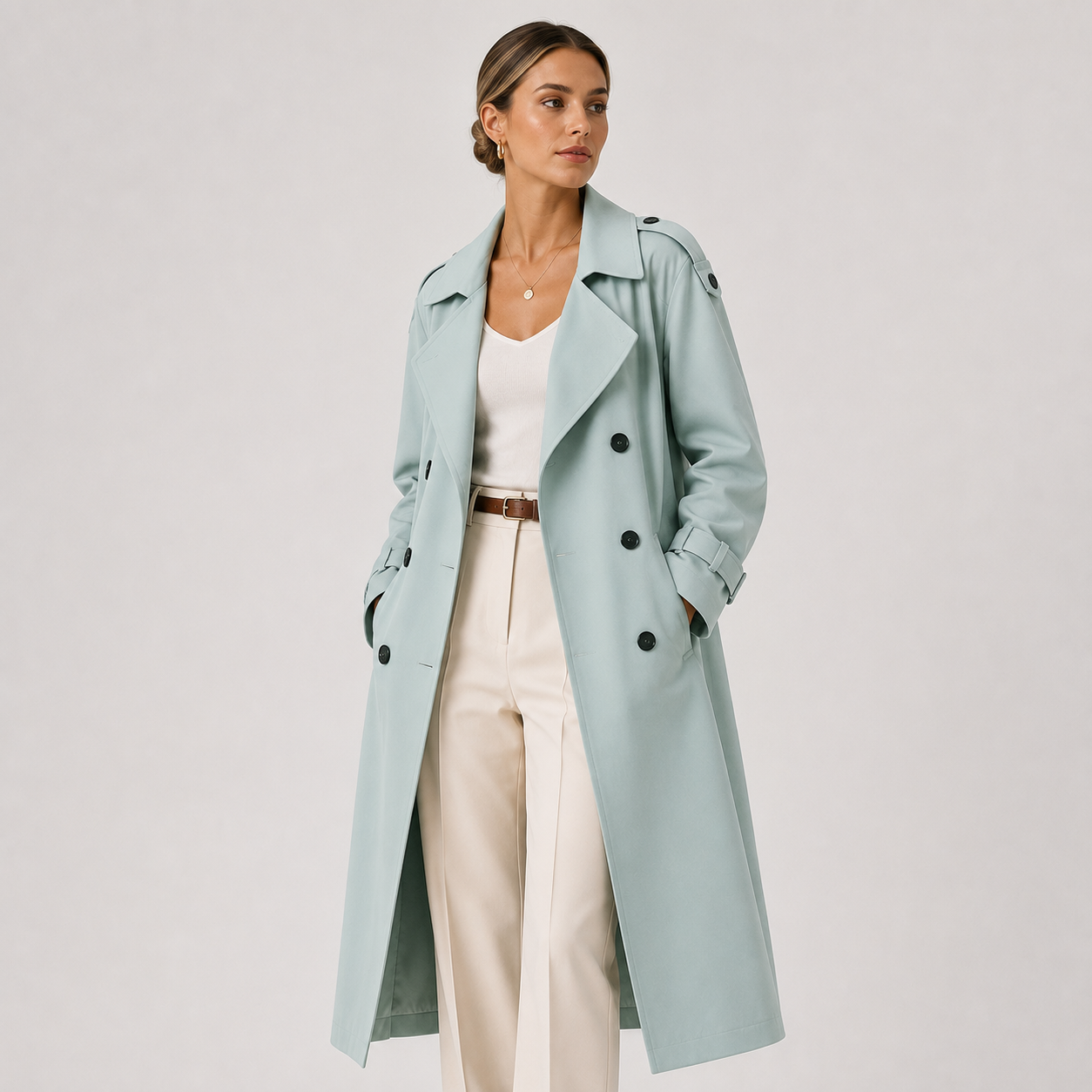 Women's Long Trench Coat Double Breasted Belted Classic Outerwear 7