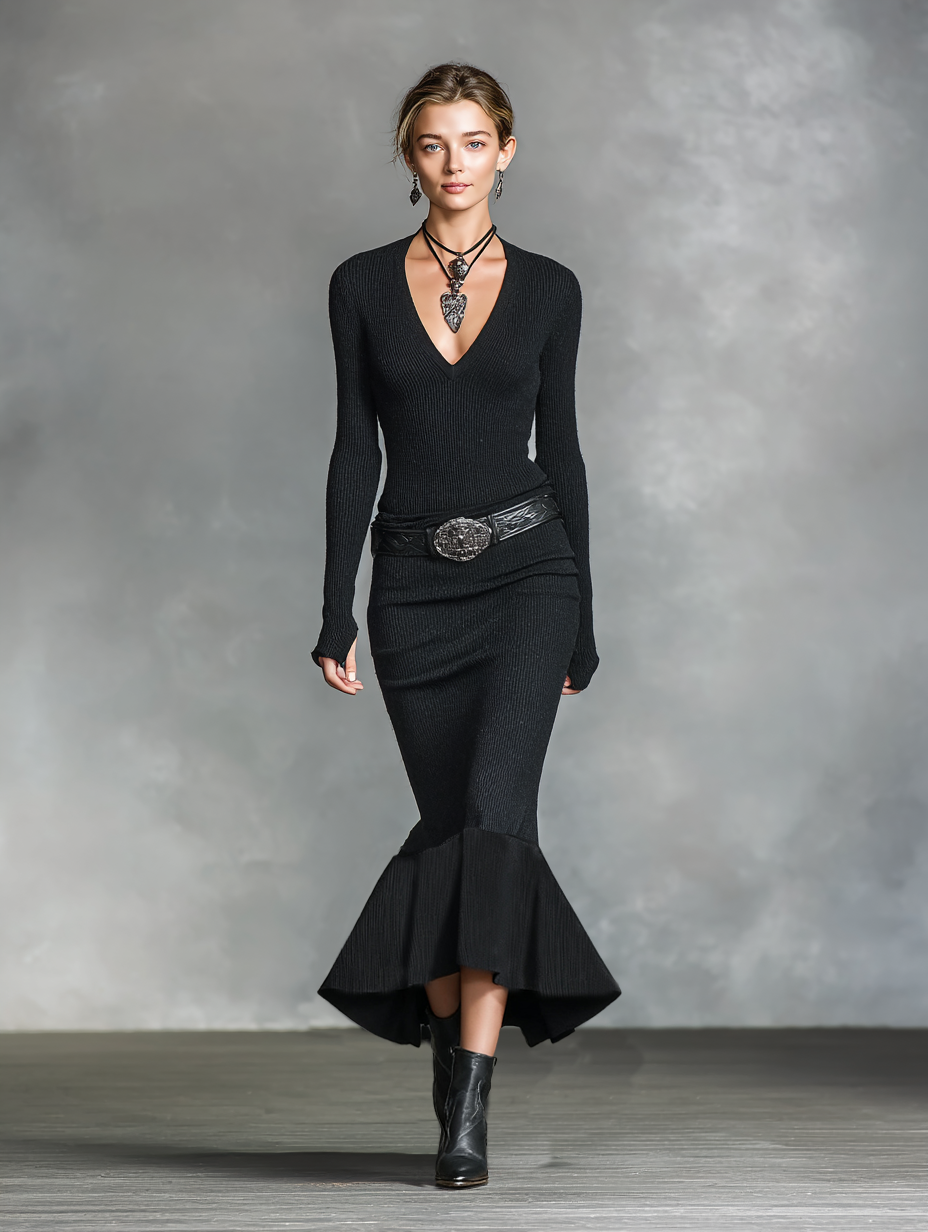 The Rowena – Women's Knitted V-Neck Long Sleeve Maxi Dress | Huna