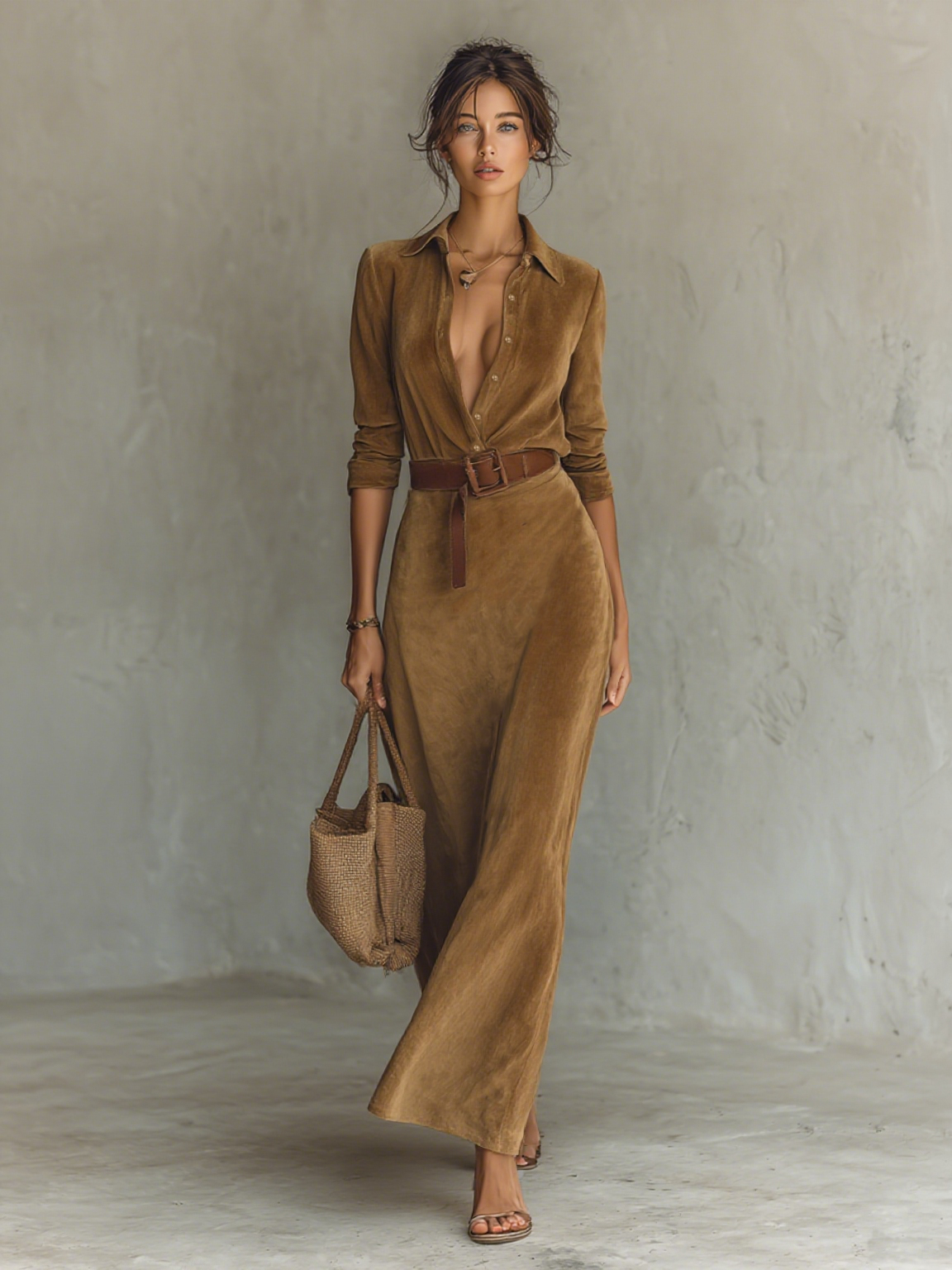 The Meredith – Women's Faux Suede Belted Maxi Dress | Huna