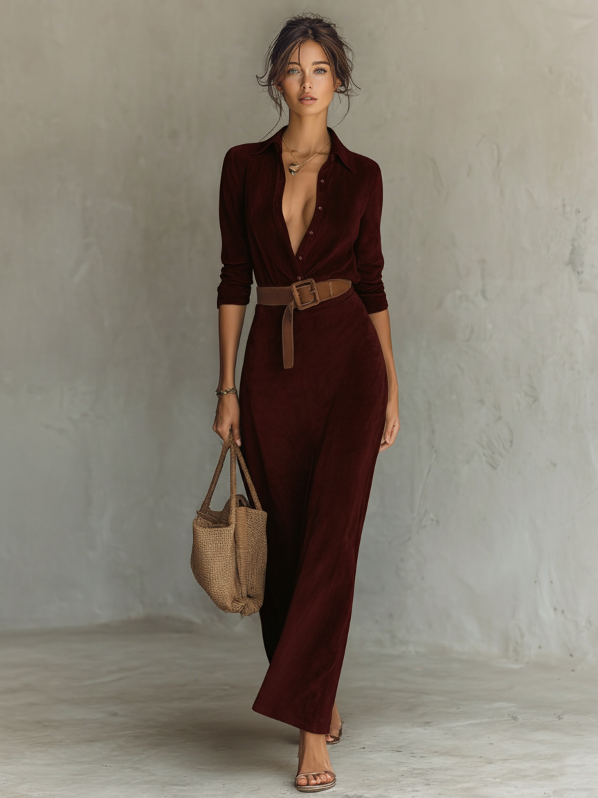 The Meredith – Women's Faux Suede Belted Maxi Dress | Huna