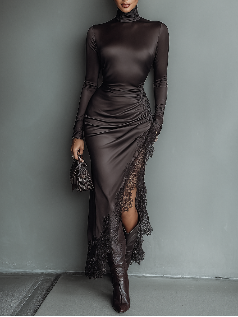 The Evangeline – Women's Satin Lace Long Sleeve Maxi Dress | Huna