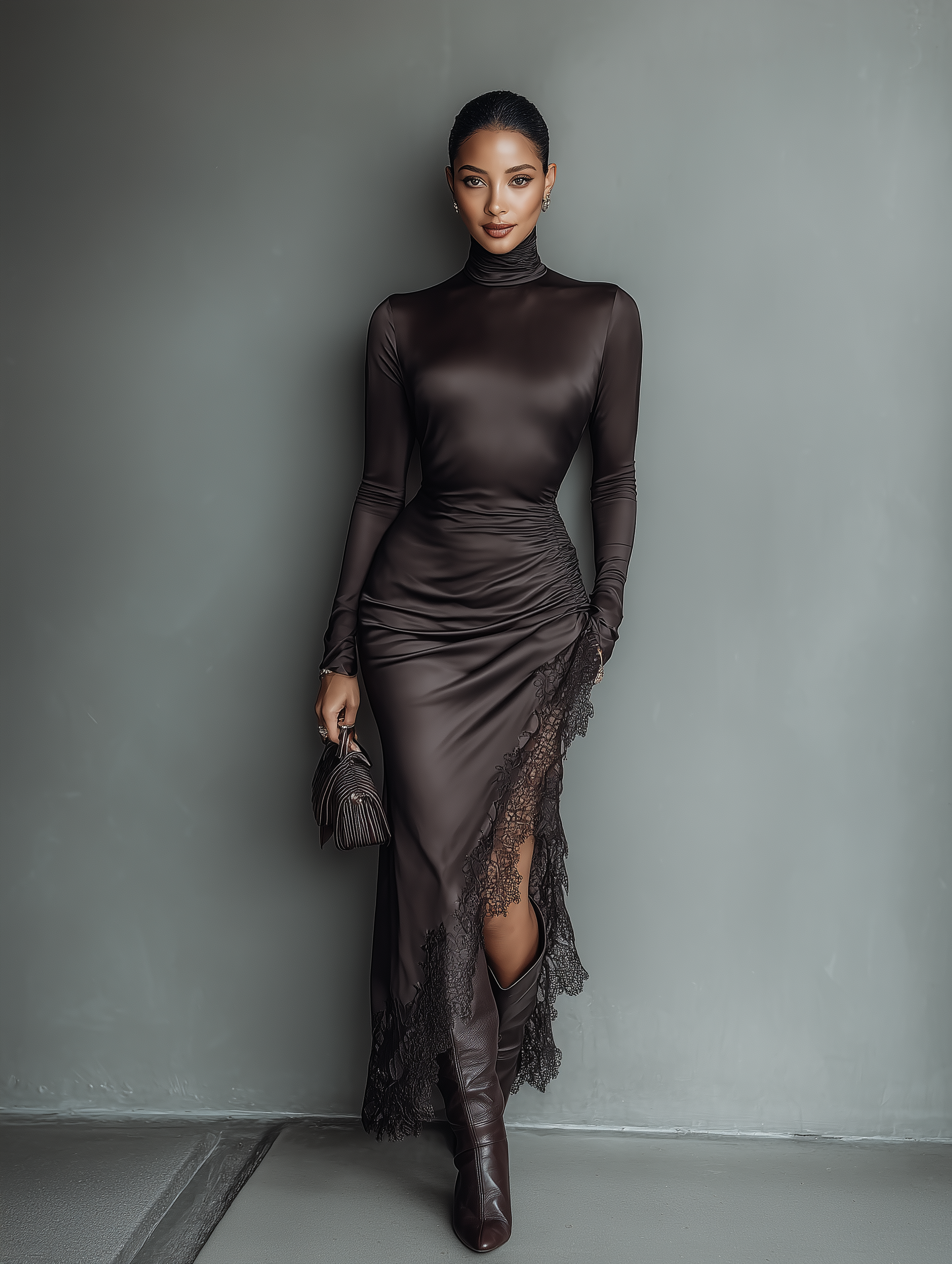 The Evangeline – Women's Satin Lace Long Sleeve Maxi Dress | Huna