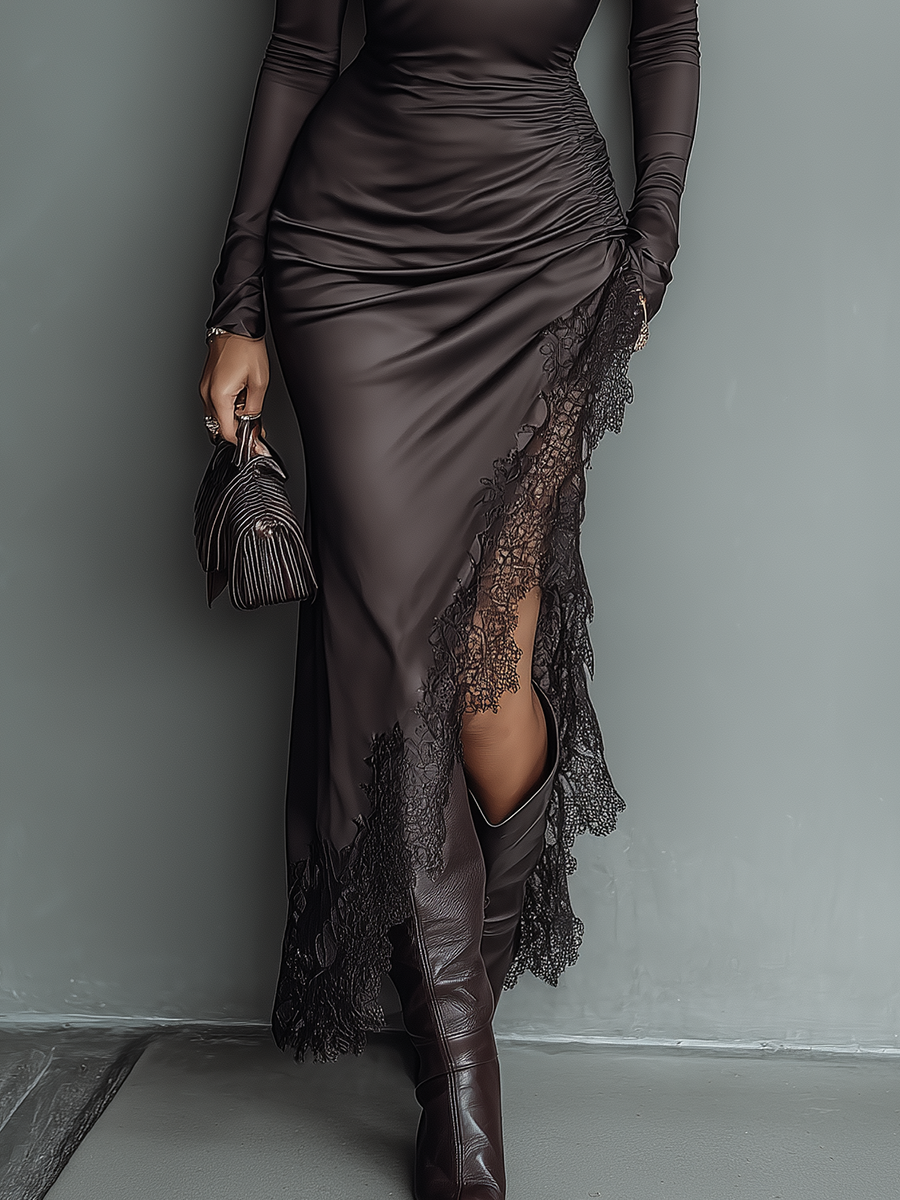 The Evangeline – Women's Satin Lace Long Sleeve Maxi Dress | Huna