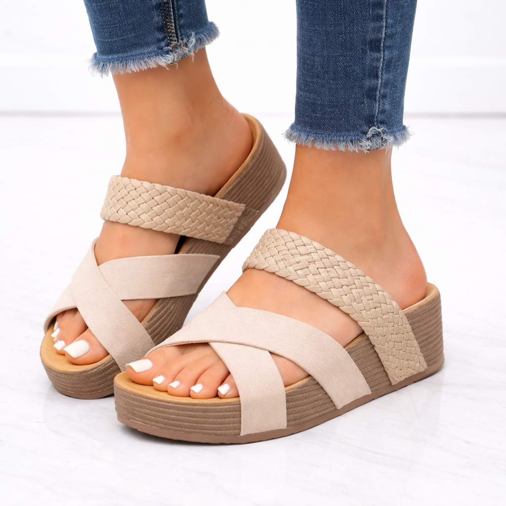 Women's Orthopedic Sandals Braided Cross Strap Wedge Beige Synthetic