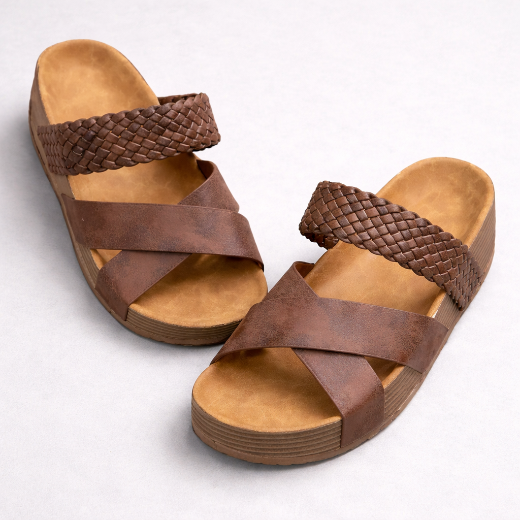 Women's Orthopedic Sandals Braided Cross Strap Wedge Beige Synthetic
