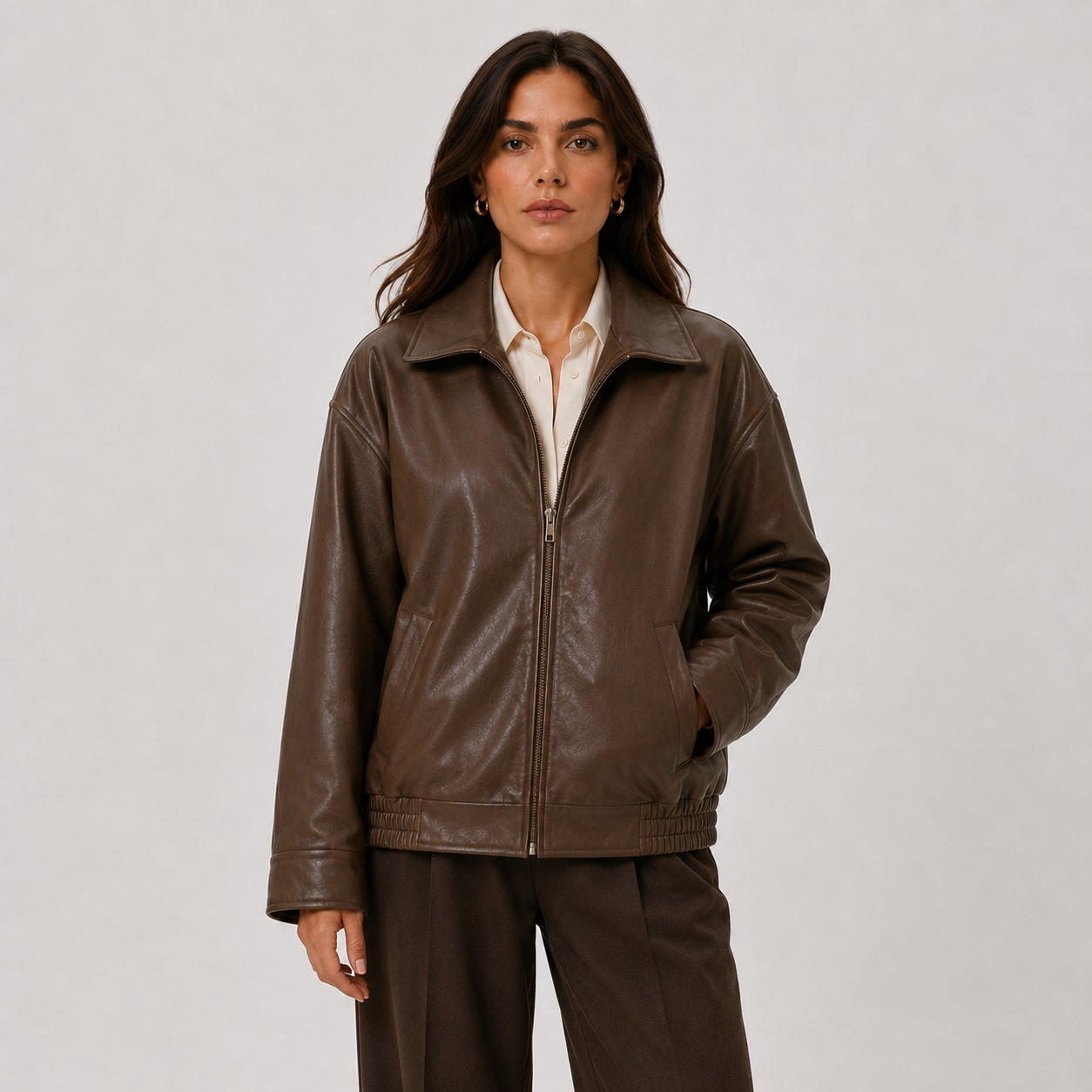 Women's Relaxed Fit Leather Look Jacket with Classic Collar 0