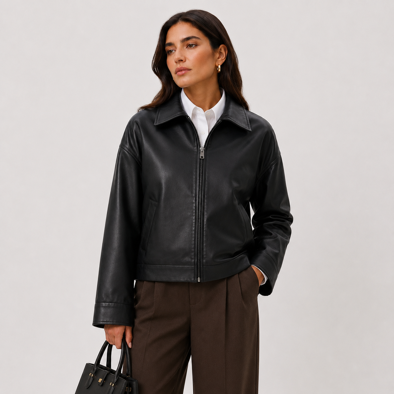 Women's Relaxed Fit Leather Look Jacket with Classic Collar 4