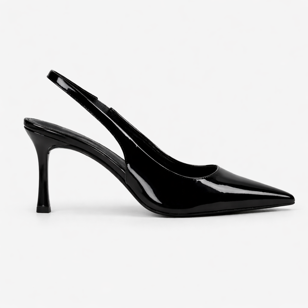 Women’s Slingback Heels Black Glossy Pointed Toe