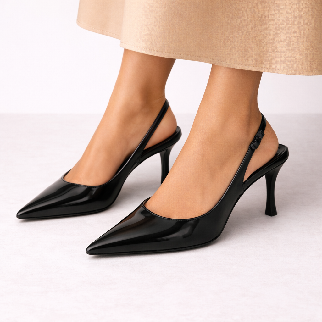 Women’s Slingback Heels Black Glossy Pointed Toe