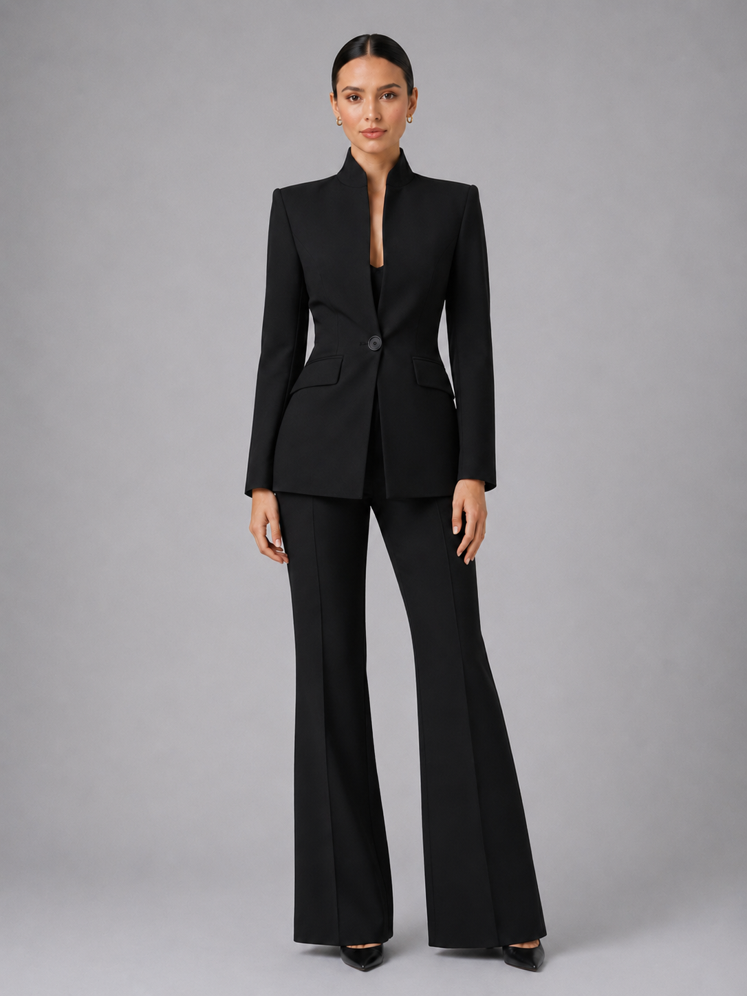 Women's Tailored Trouser Suit UK – collarless blazer set, view 1