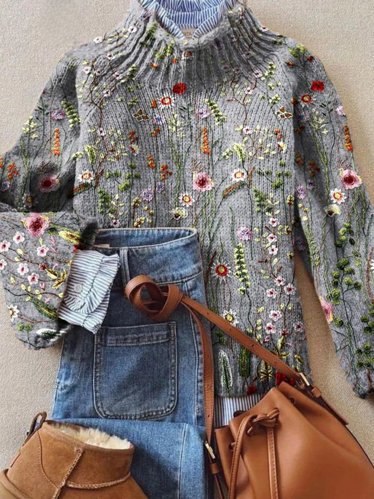 Women's Turtleneck Pullover Sweater UK – Multi-Color Floral Knit | The Guinevere | Huna