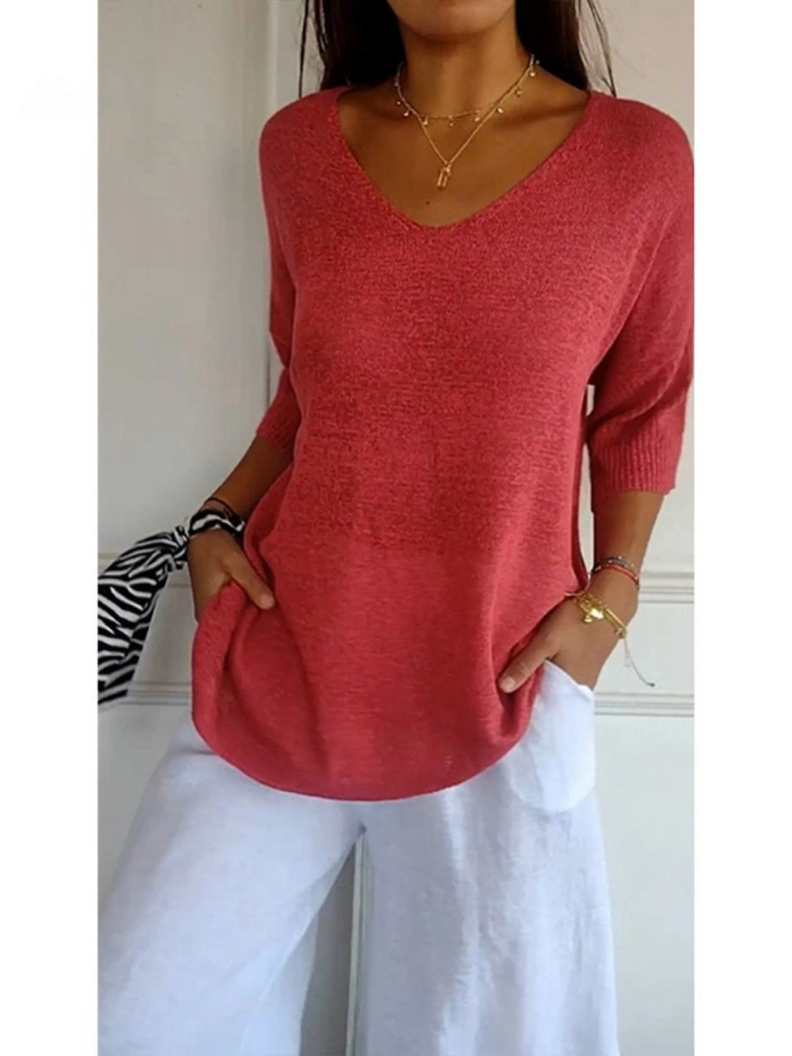 Women's V-Neck Knitted Top UK – 3/4 Sleeve Lightweight | The Delia | Huna