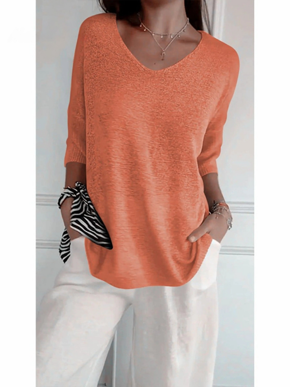 Women's V-Neck Knitted Top UK – 3/4 Sleeve Lightweight | The Delia | Huna