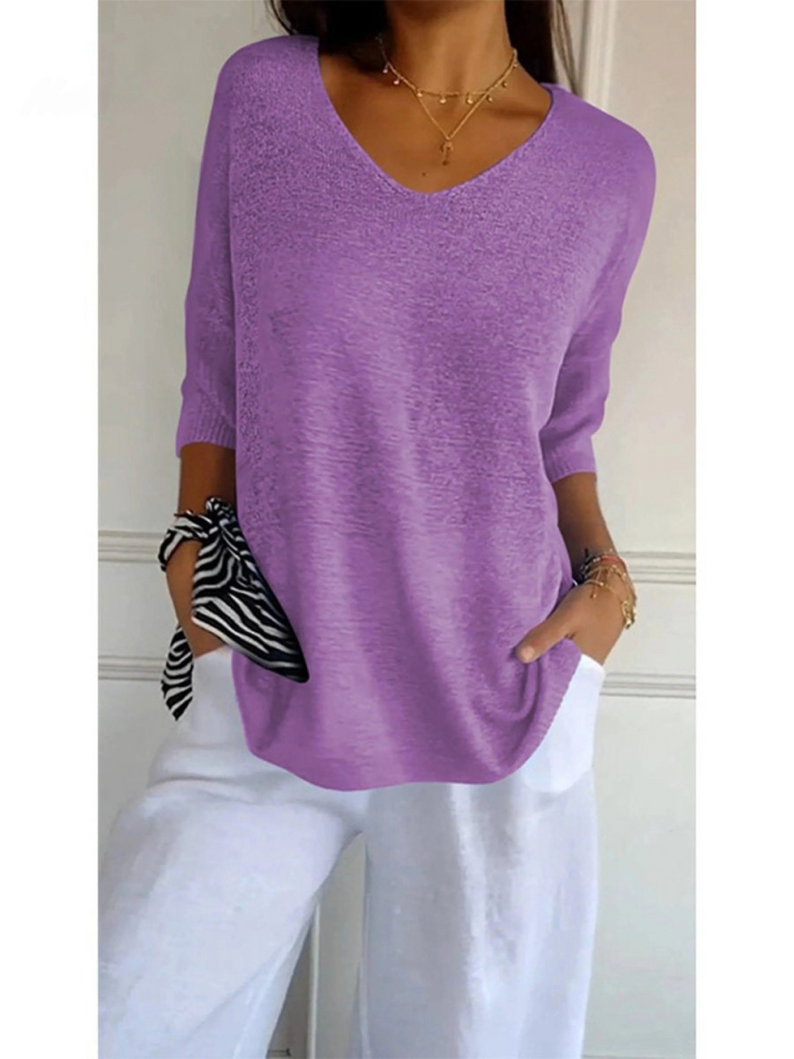 Women's V-Neck Knitted Top UK – 3/4 Sleeve Lightweight | The Delia | Huna