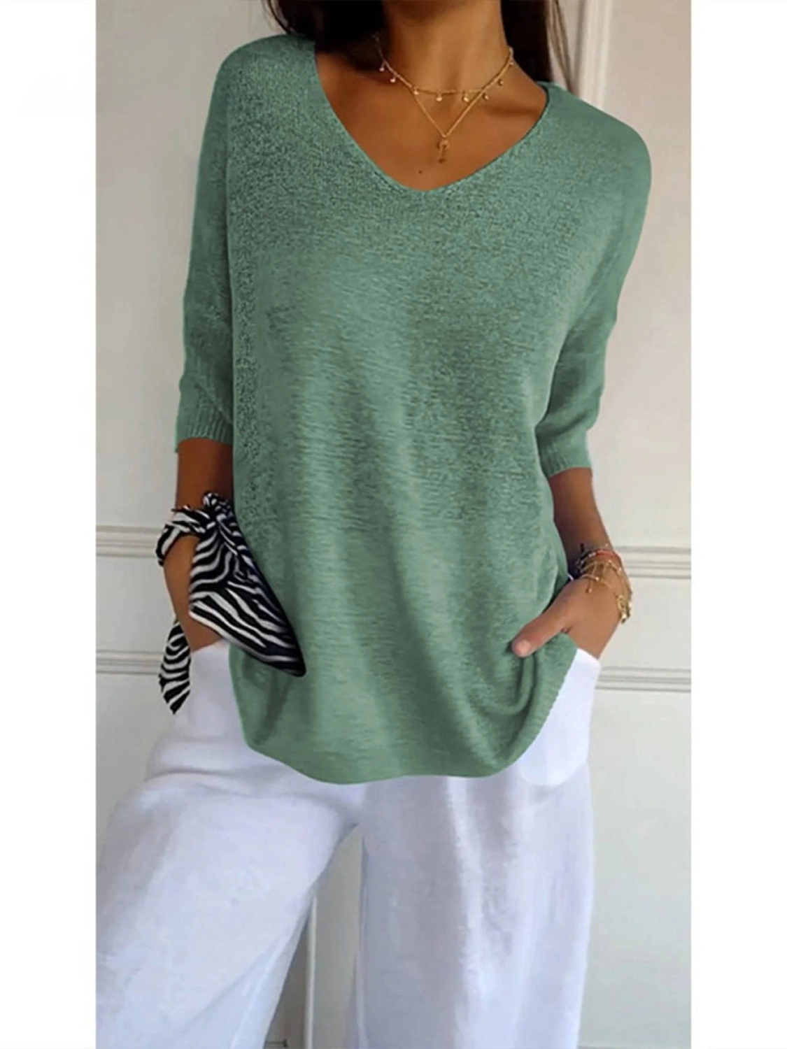 Women's V-Neck Knitted Top UK – 3/4 Sleeve Lightweight | The Delia | Huna